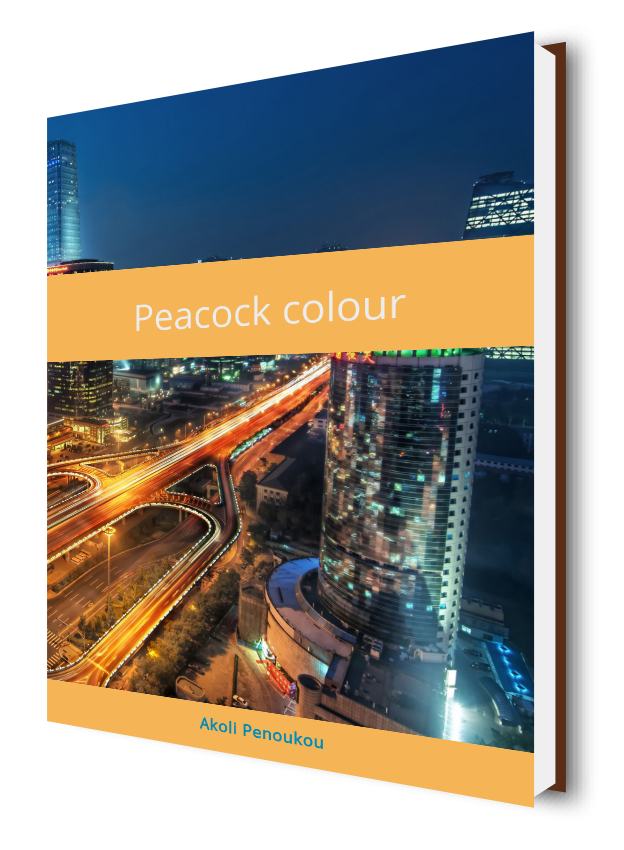An eBook cover showing a city boulevard with skyscrapers and the title Peacock colour